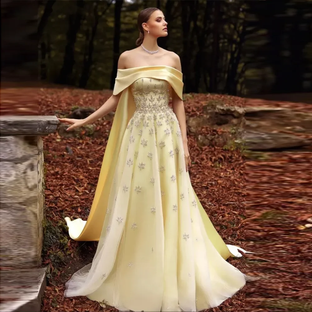 Dreamy Vow Arabic Yellow Satin Luxury Dubai Evening Dress with Cape 20 DreamyVow