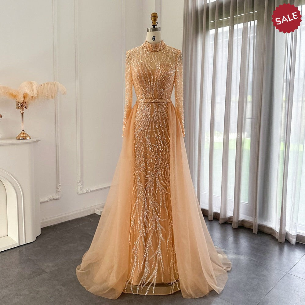 Gold evening gowns with sleeves online