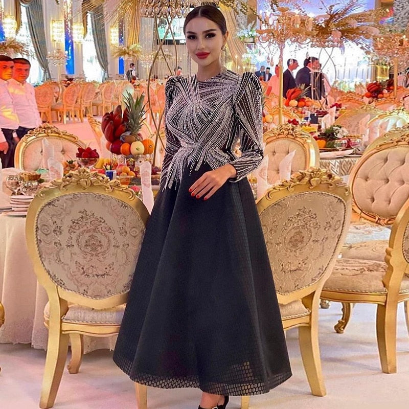 Luxury Black Short Evening Dress Long Sleeve 2023 Elegant A Line Women Party Prom Formal Dresses DreamyVow