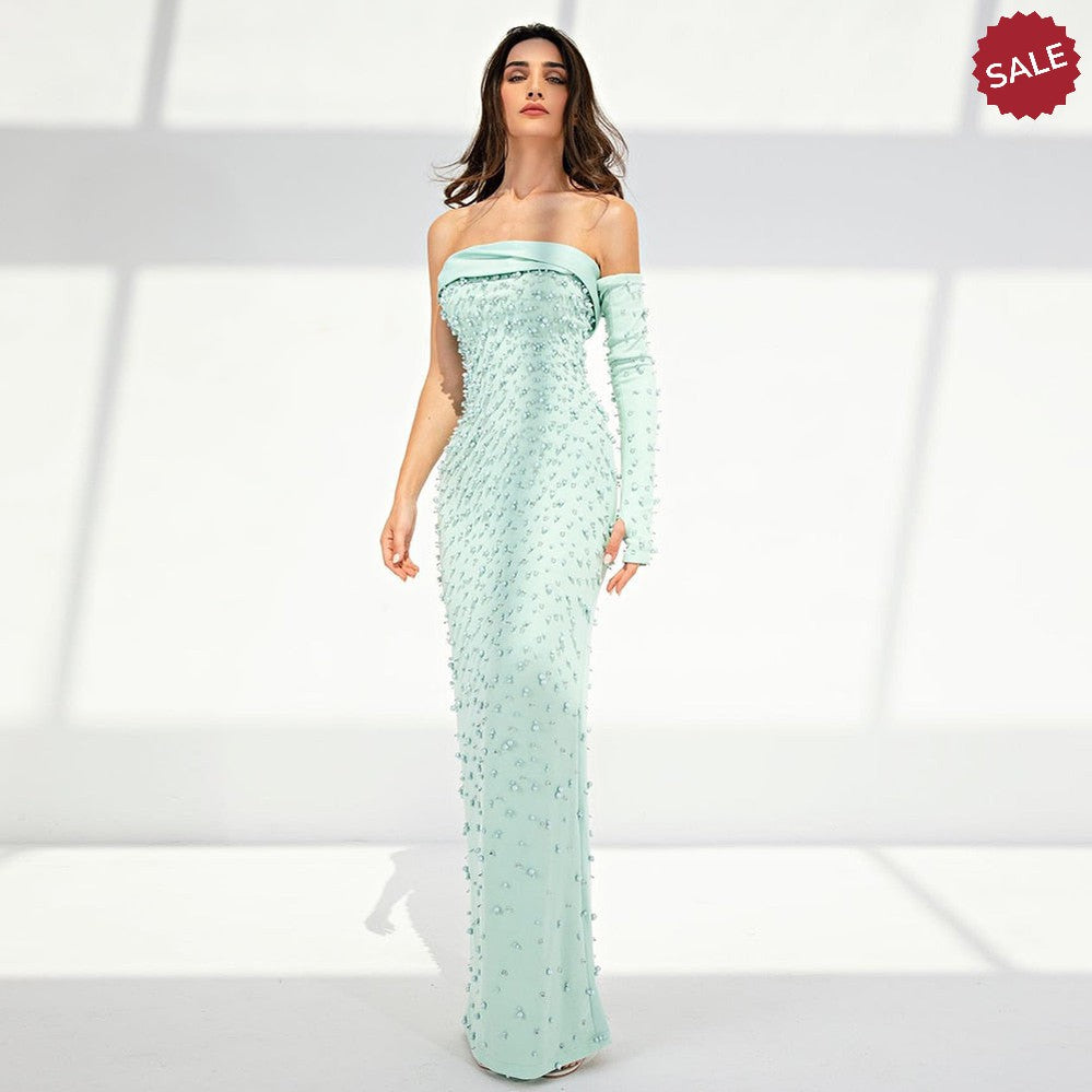 Luxury Dubai Pearls Mint Green Evening Dresses Sage Elegant Women 