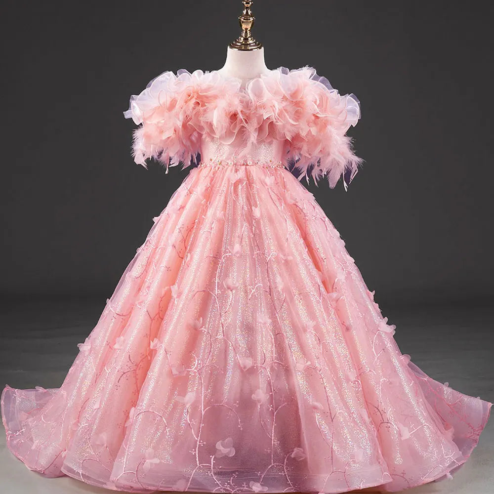 DreamyVow Pink Flower Girl Dresses with Feather Pearls Arabic Princess