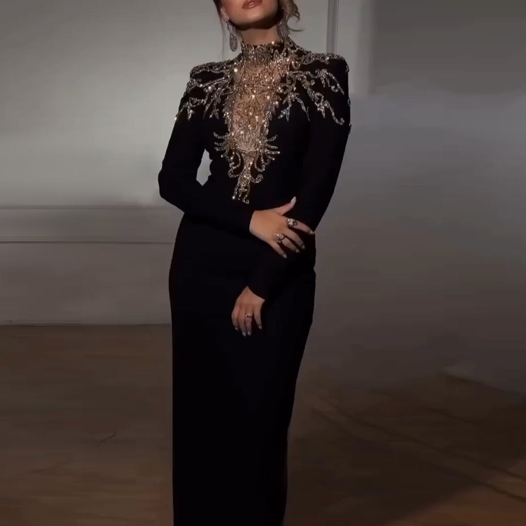 Elegant Black Long Sleeves Evening Dress with Gold Beaded SS217