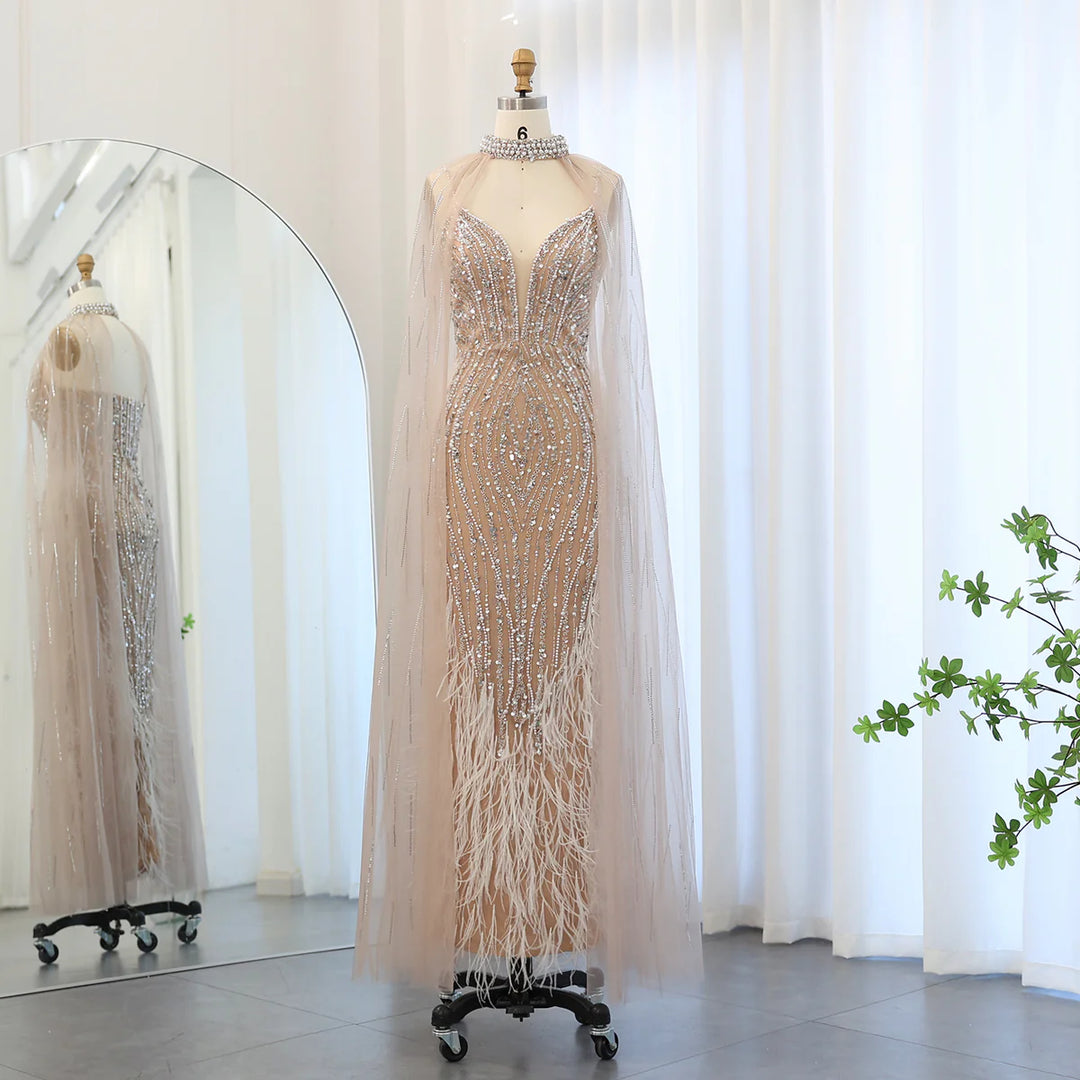 Luxury Feather Nude Mermaid Spaghetti Evening Dress with Cape SS185