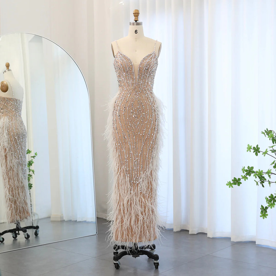 Luxury Feather Nude Mermaid Spaghetti Evening Dress with Cape SS185