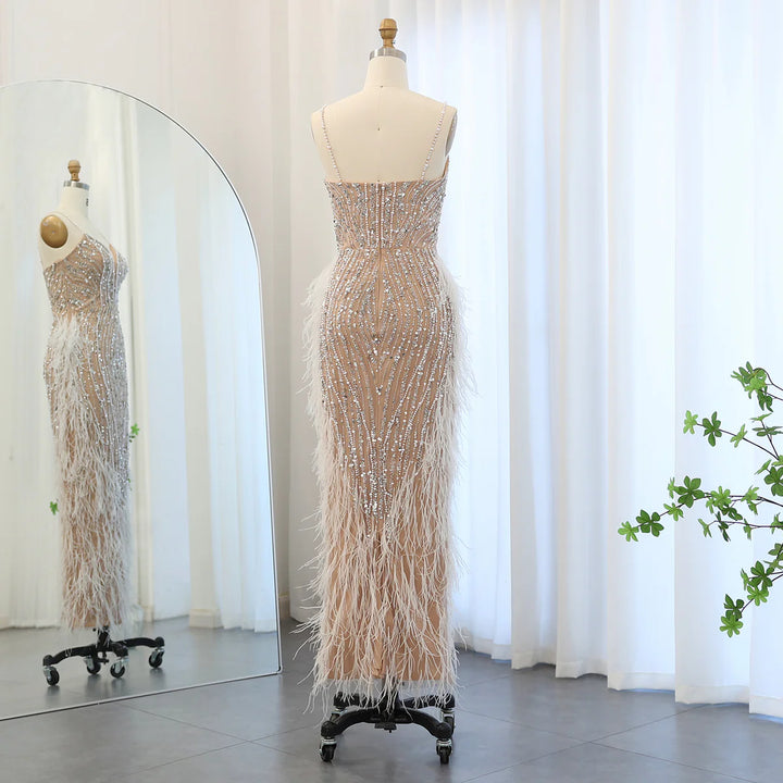 Luxury Feather Nude Mermaid Spaghetti Evening Dress with Cape SS185