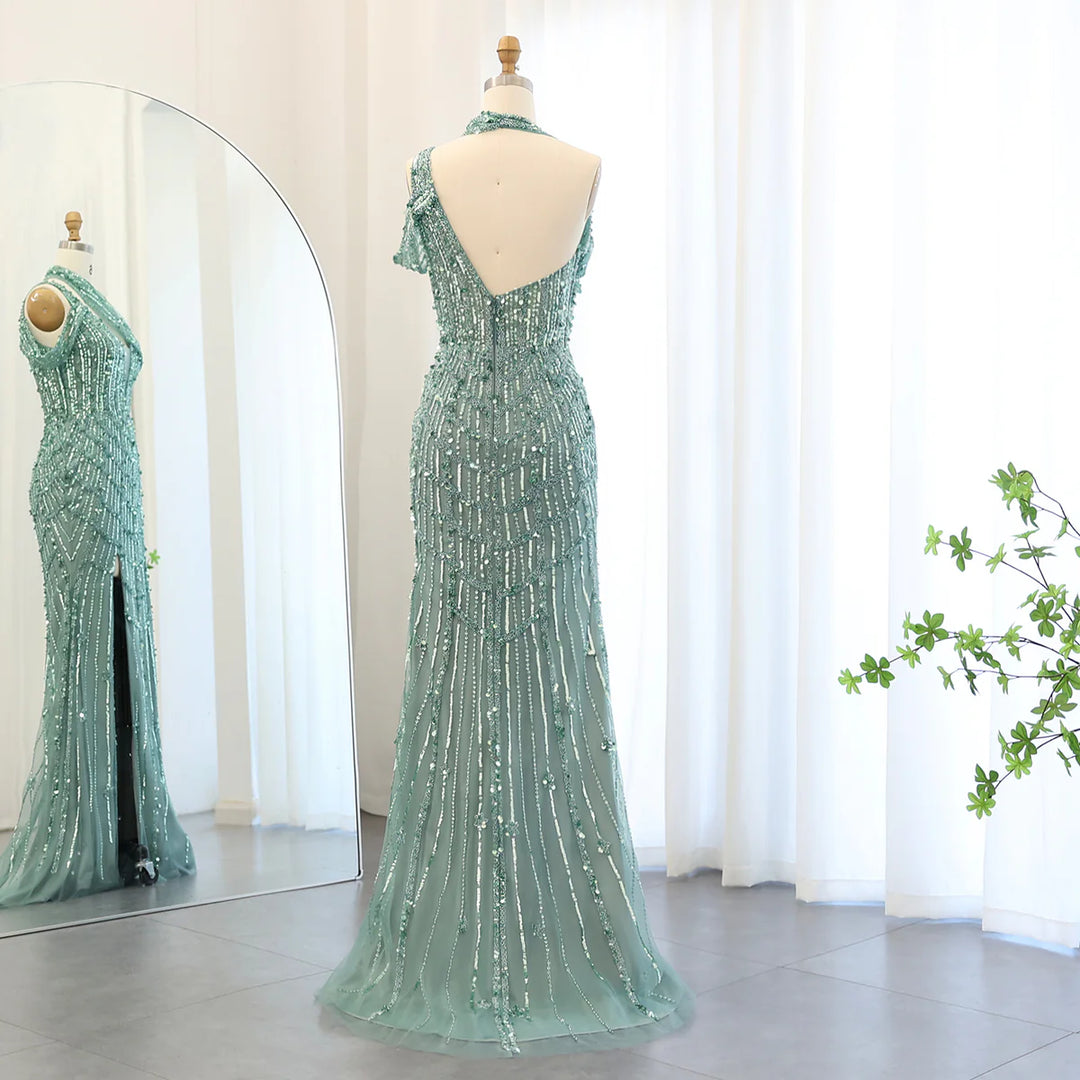 Luxury Beaded Lilac Green Mermaid Halter Evening Dress SS180