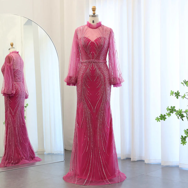 Dreamy Vow Luxury Arabic Fuchsia Mermaid Evening Dresses Elegant High Neck Long Sleeves Muslim Women Wedding Party Dress SS133