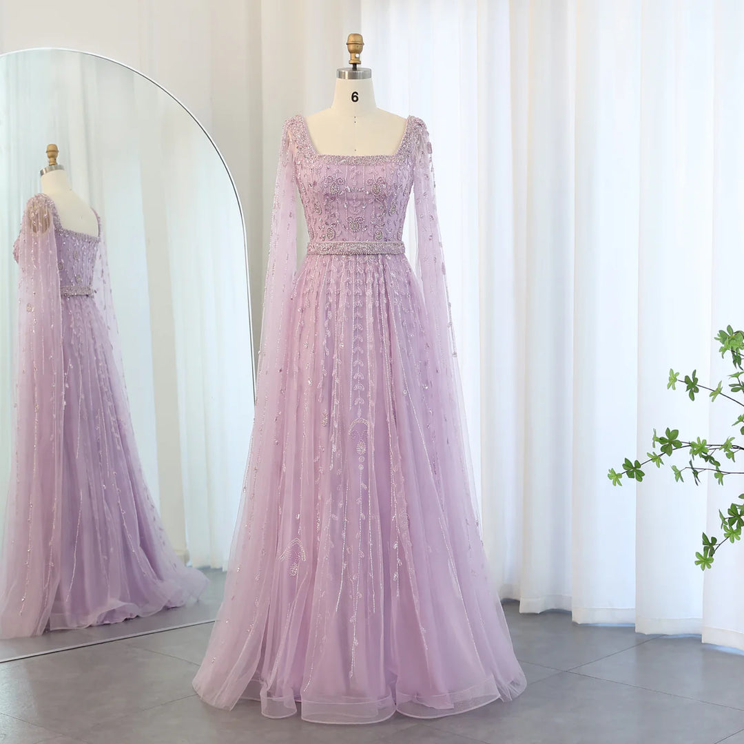 Dreamy Vow Luxury Pink Dubai Evening Dresses for Women Wedding Square Neck Cap Sleeves Arabic Muslim Formal Party Gowns SS494