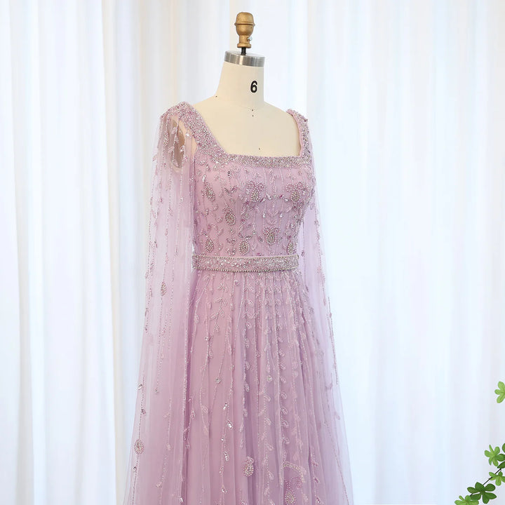 Dreamy Vow Luxury Pink Dubai Evening Dresses for Women Wedding Square Neck Cap Sleeves Arabic Muslim Formal Party Gowns SS494