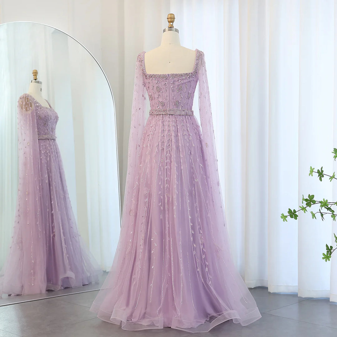 Dreamy Vow Luxury Pink Dubai Evening Dresses for Women Wedding Square Neck Cap Sleeves Arabic Muslim Formal Party Gowns SS494