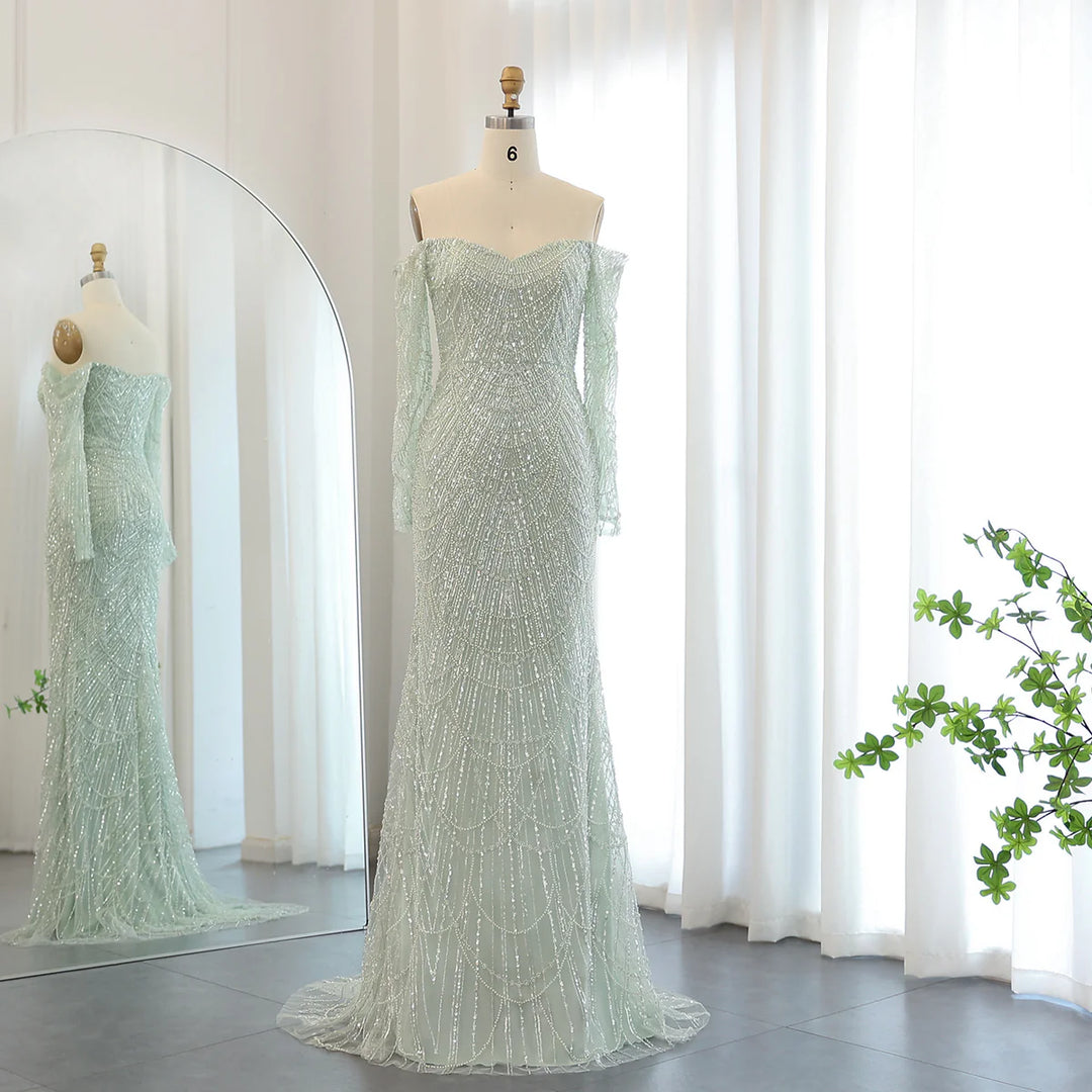 Dreamy Vow Elegantes schulterfreies Meerjungfrau-Luxus-Dubai-Abendkleid 2024 für Frauen, Hochzeits-Partykleider, lange Ärmel, SS309 