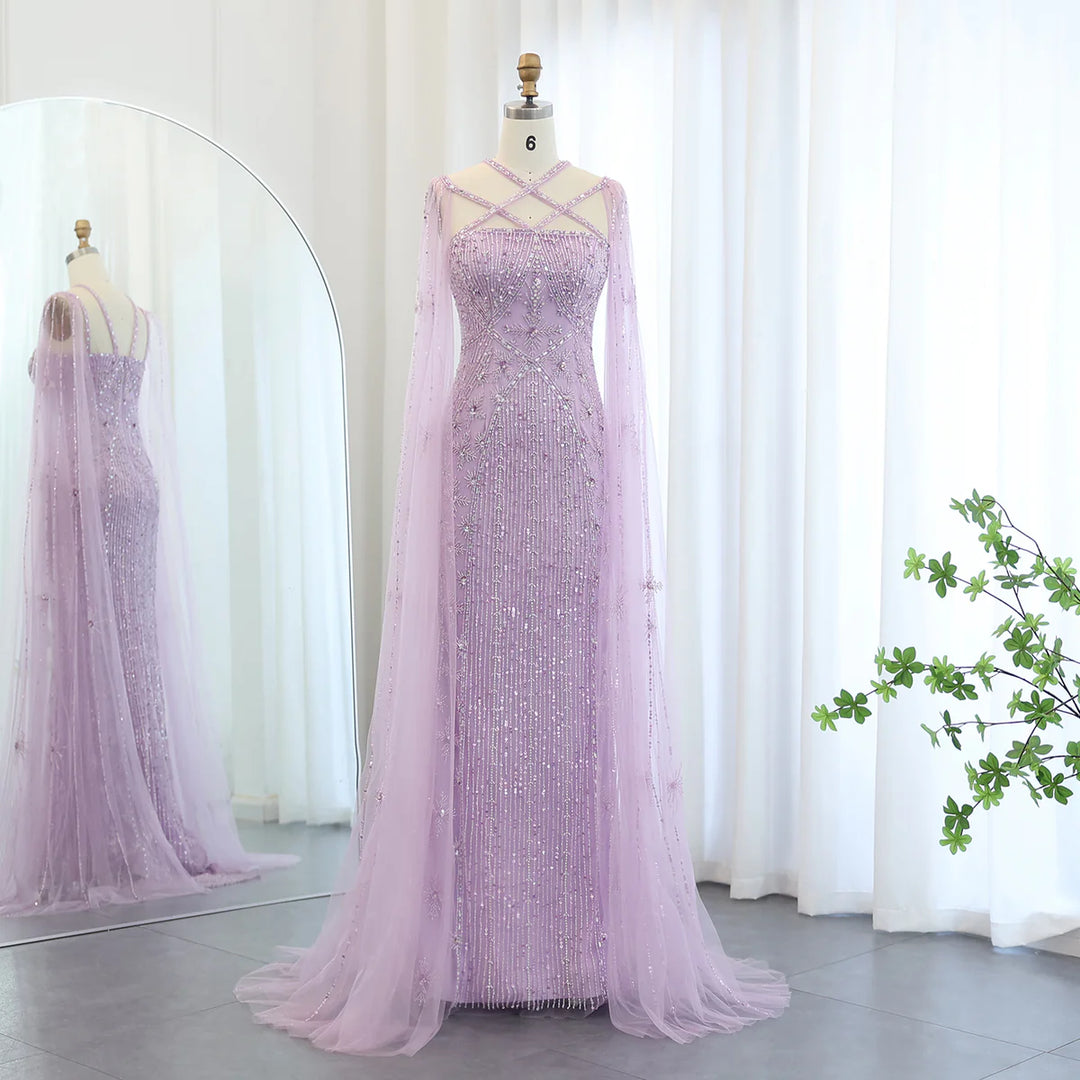 Dreamy Vow Luxury Aqua Lilac Mermaid Evening Dress with Cape Sleeves Criss Cross Women Wedding Party Gowns SS391