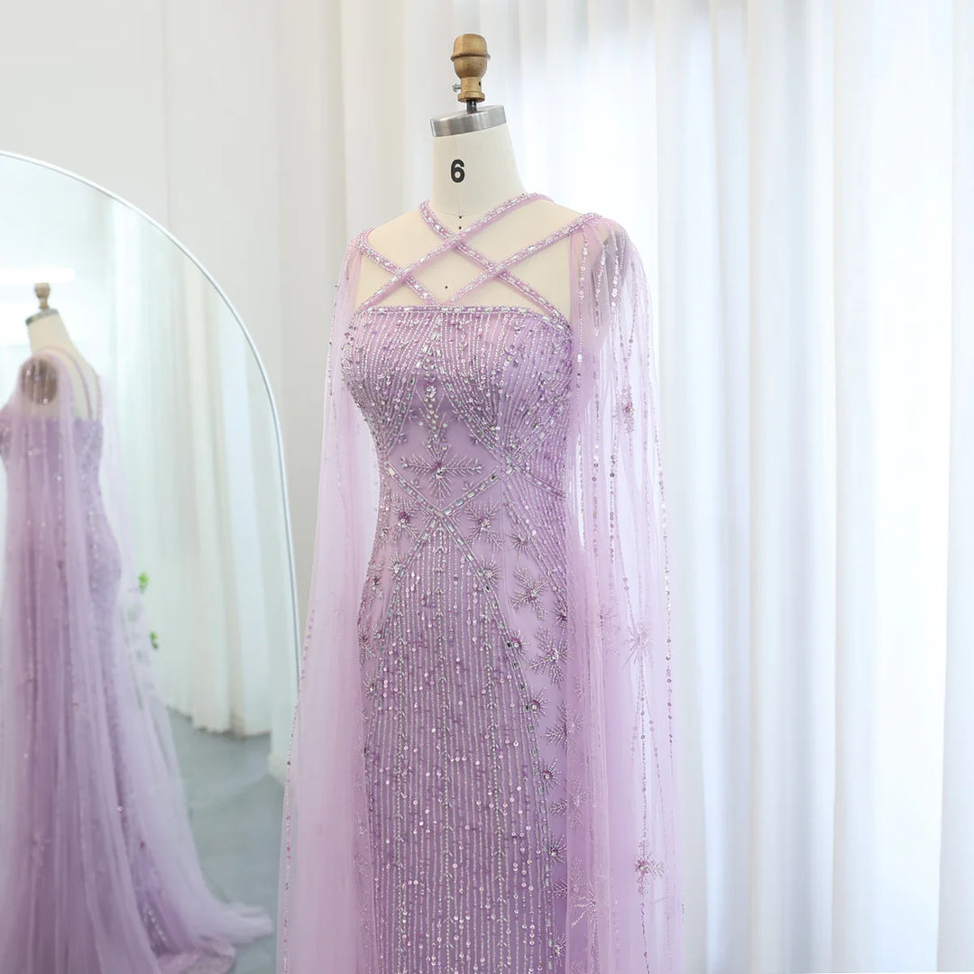 Dreamy Vow Luxury Aqua Lilac Mermaid Evening Dress with Cape Sleeves Criss Cross Women Wedding Party Gowns SS391