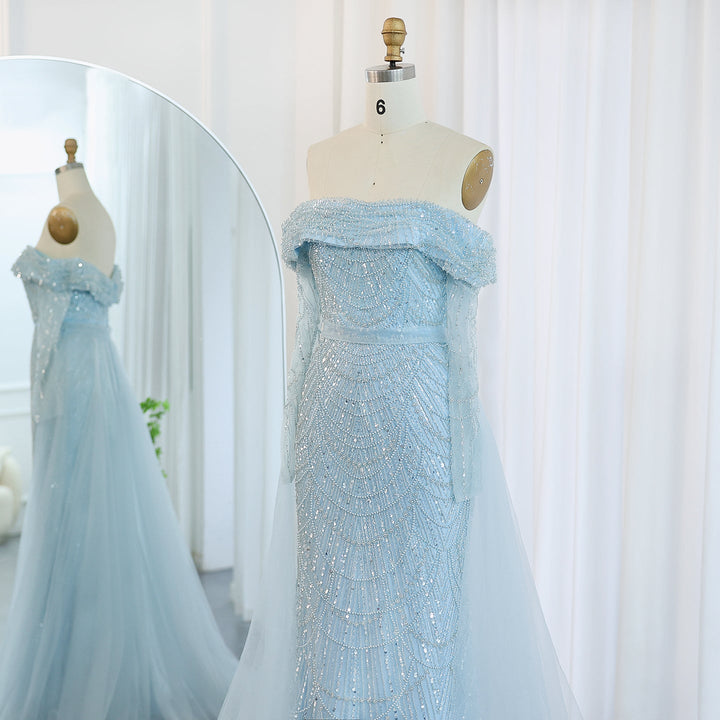 Luxury Off Shoulder Light Blue Mermaid Evening Dress with Detachable Overskirt Dubai SS287