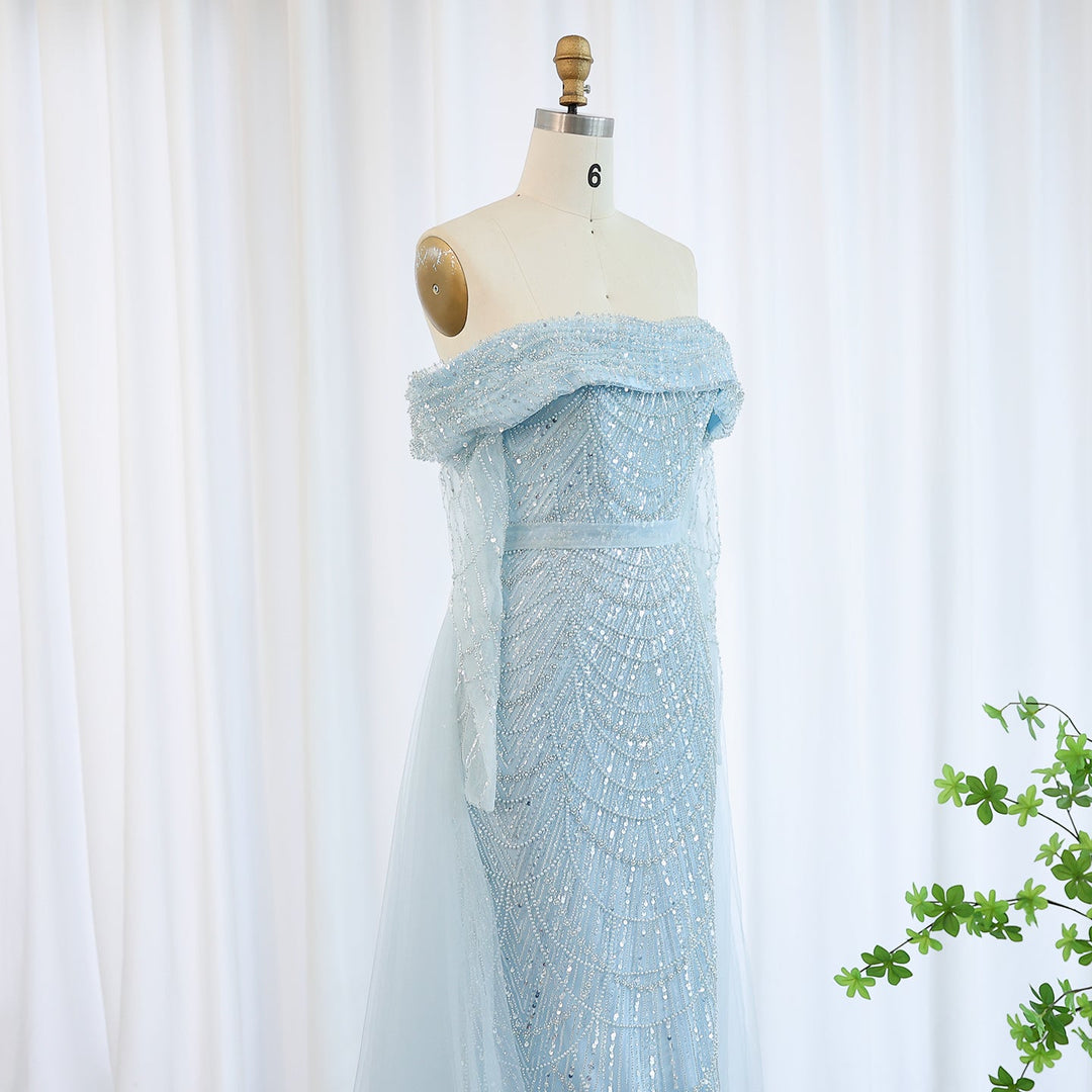 Luxury Off Shoulder Light Blue Mermaid Evening Dress with Detachable Overskirt Dubai SS287