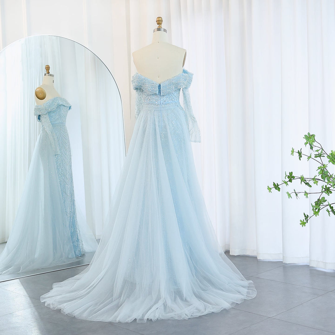 Luxury Off Shoulder Light Blue Mermaid Evening Dress with Detachable Overskirt Dubai SS287