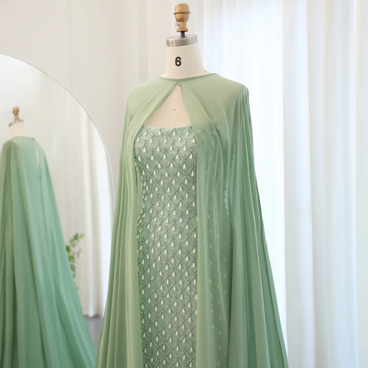 Dreamy Vow Luxury Crystal Pearls Mermaid Sage Green Evening Dress with Cape Arabic Dubai Elegant Women Wedding Party Gown SS431