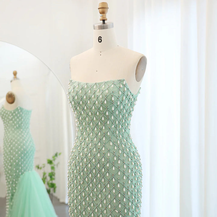 Dreamy Vow Luxury Crystal Pearls Mermaid Sage Green Evening Dress with Cape Arabic Dubai Elegant Women Wedding Party Gown SS431