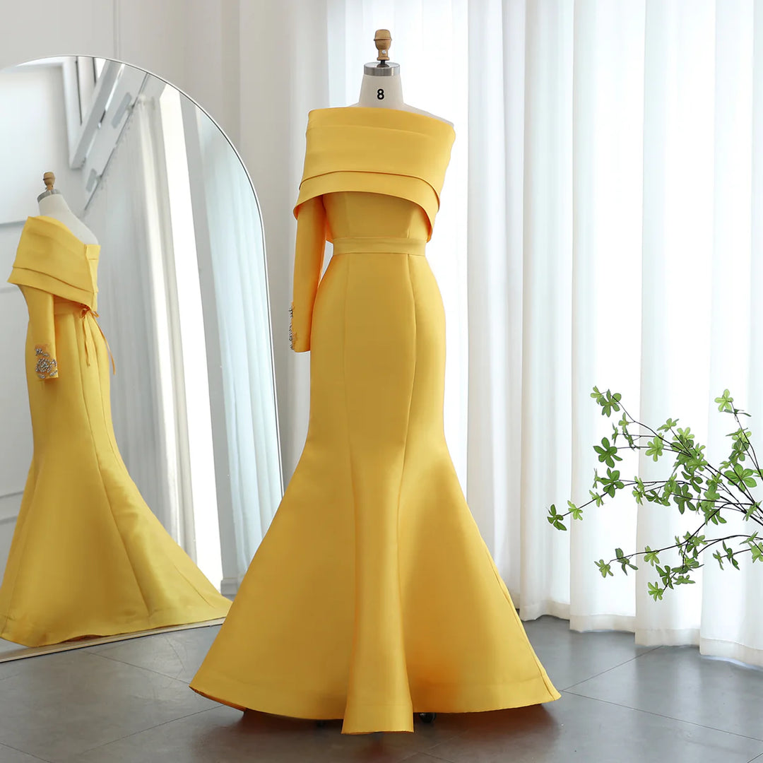 Dreamy Vow Arabic Yellow One Shoulder Mermaid Evening Dress with Cape Baby Blue Beaded Dubai Luxury Wedding Party Dress SF014