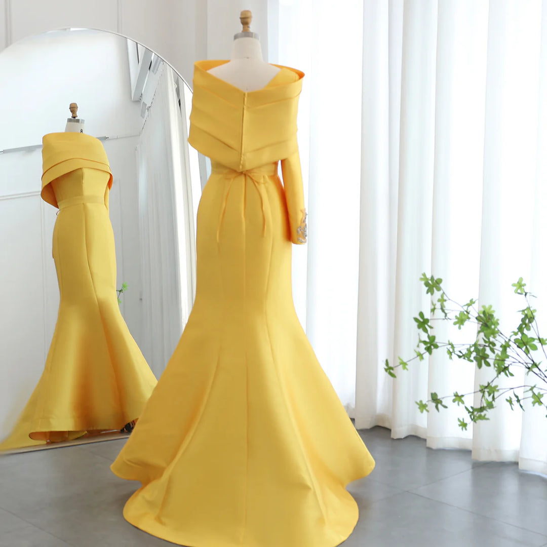 Dreamy Vow Arabic Yellow One Shoulder Mermaid Evening Dress with Cape Baby Blue Beaded Dubai Luxury Wedding Party Dress SF014