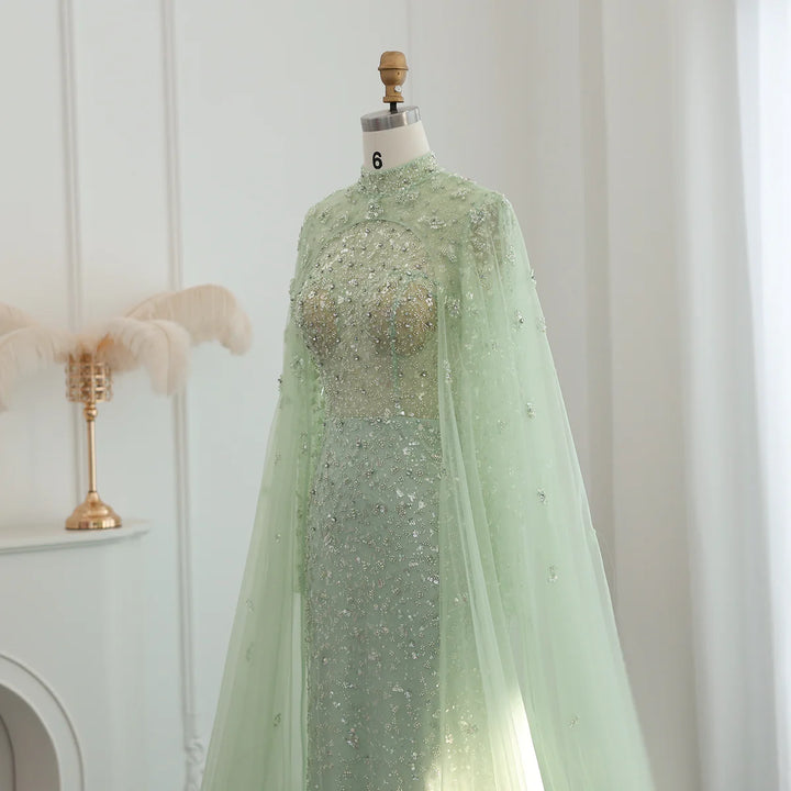 Dreamy Vow Luxury Dubai Pink Muslim Evening Dress with Cape Long Sleeves Mermaid Sage Green Arab Women Wedding Party Gown SS202