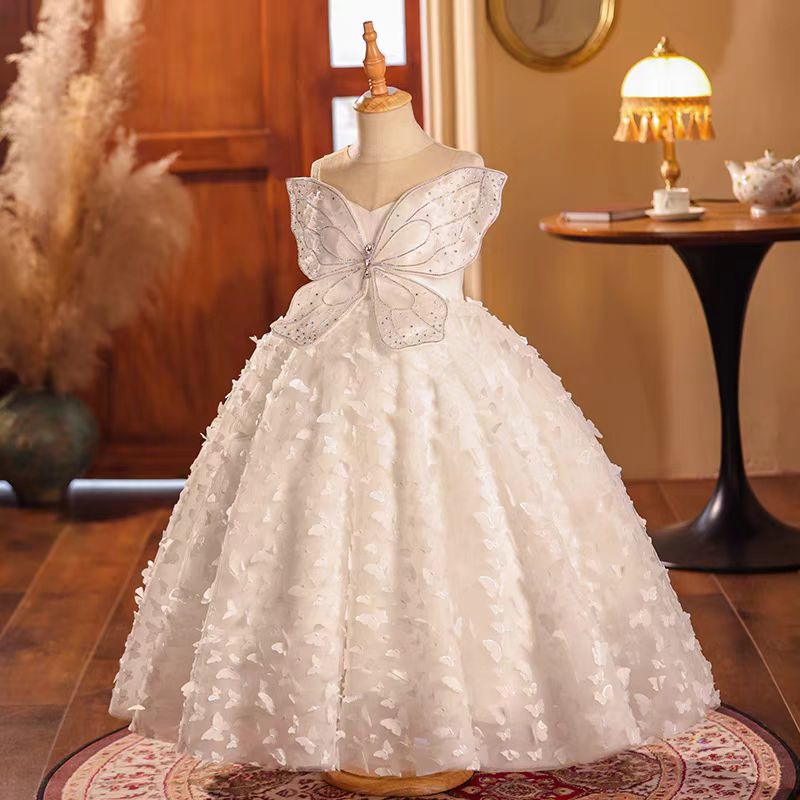 Dreamy White Long Princess Girl Dress for Birthday Wedding Party J025