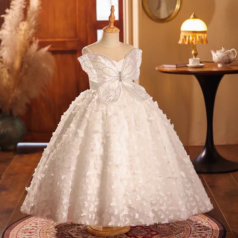 Dreamy White Long Princess Girl Dress for Birthday Wedding Party J025