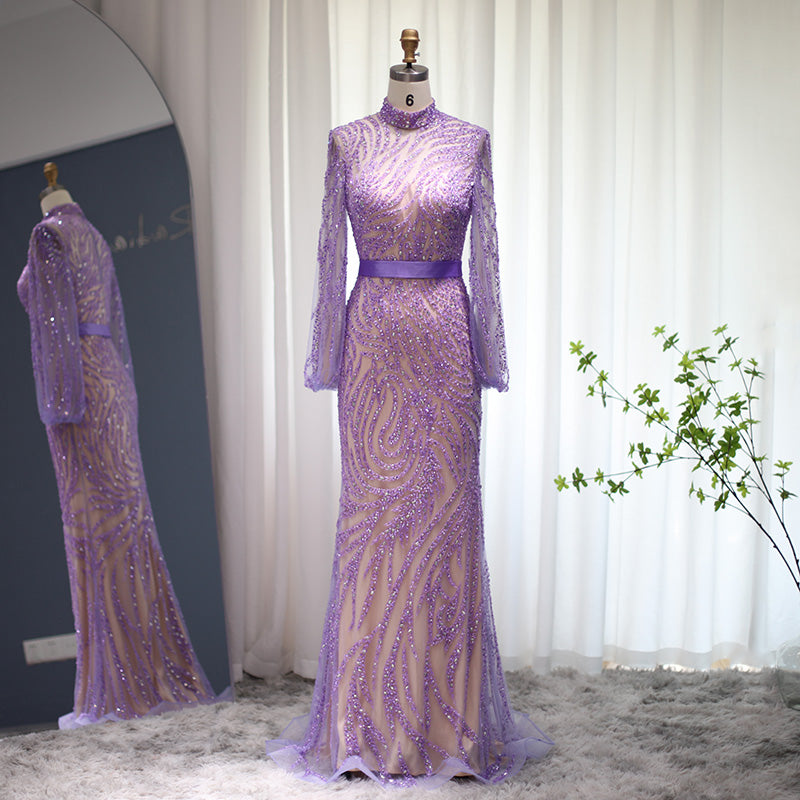 Dreamy Vow Luxury Lilac Dubai Mermaid Evening Dress Elegant Long Sleeve Muslim Formal Dresses for Women Wedding Party 206