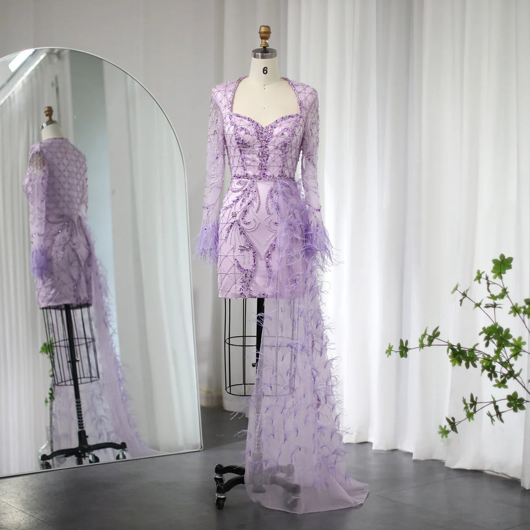 Dreamy Vow For Sale Lilac Short Evening Dresses with Feathers OverSkirt SS355