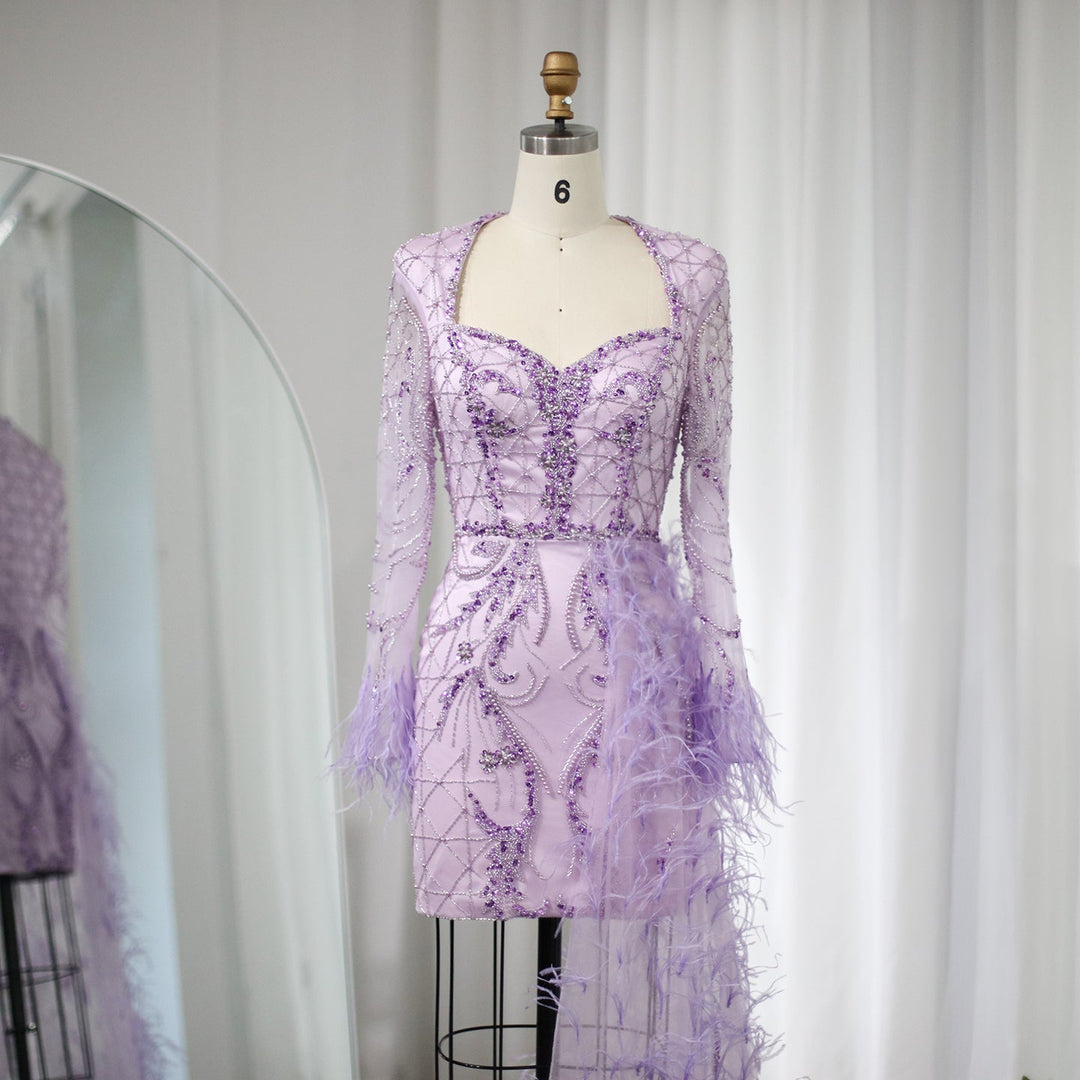 Dreamy Vow For Sale Lilac Short Evening Dresses with Feathers OverSkirt SS355