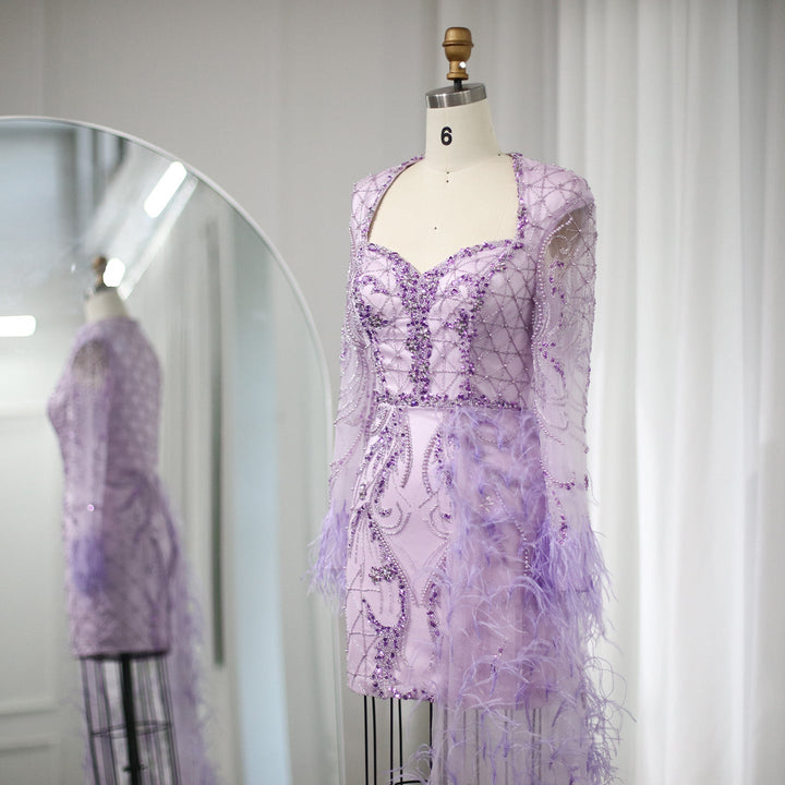 Dreamy Vow For Sale Lilac Short Evening Dresses with Feathers OverSkirt SS355