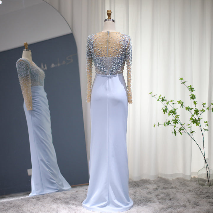 Dreamy Vow Blue Mermaid Arabic Evening Dresses Dubai Luxury Pearls Long Sleeves Muslim Formal Dress for Women Wedding 272