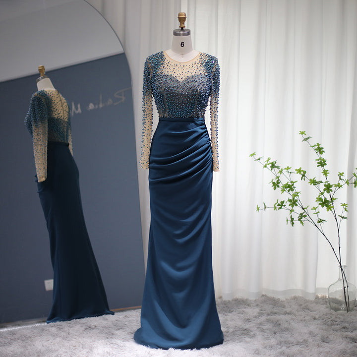Dreamy Vow Blue Mermaid Arabic Evening Dresses Dubai Luxury Pearls Long Sleeves Muslim Formal Dress for Women Wedding 272