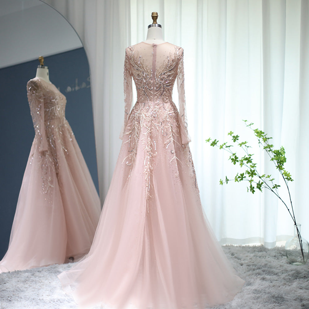 Dreamy Vow Luxury Gold Muslim Evening Dresses 2023 Dubai Beaded Long Sleeve Arabic Formal Dress for Women Wedding Party 307