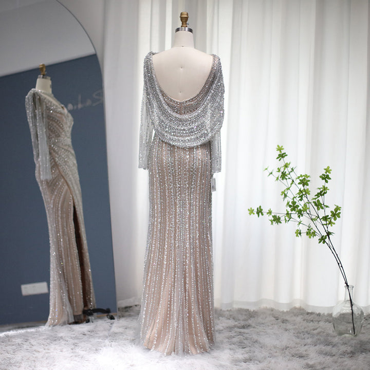 Dreamy Vow Luxury Silver Mermaid Dubai Evening Dress with Cape Heavy Beaded Slit Prom Dresses for Women Wedding Party 035