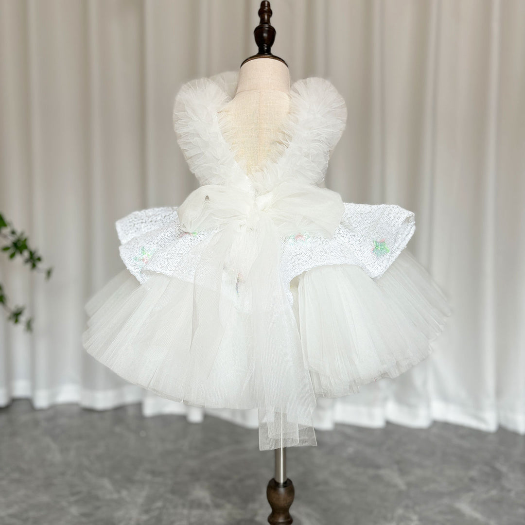 DreamyVow Sequins White Flower Girl Dress Knee Length Arabic Princess Gown J281