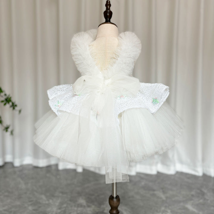 DreamyVow Sequins White Flower Girl Dress Knee Length Arabic Princess Gown J281