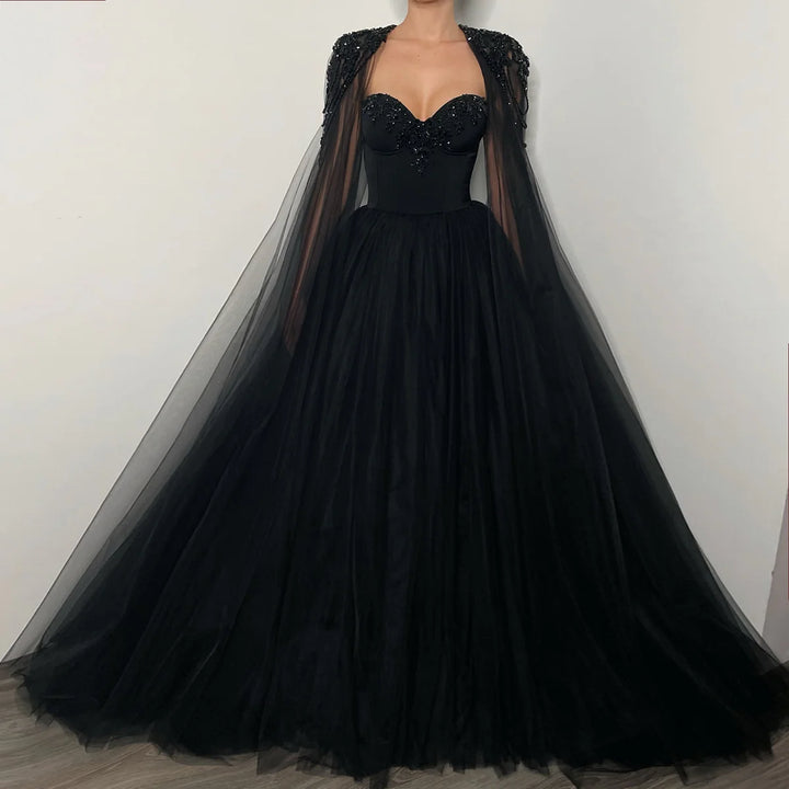 Gothic Black Tulle Evening Dress with Cape Sleeves SS394