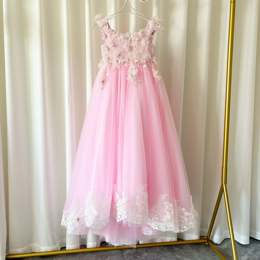 DreamyVow Luxury Pink Tulle Lace Girl Dress Sweep Train Ball Gown J178