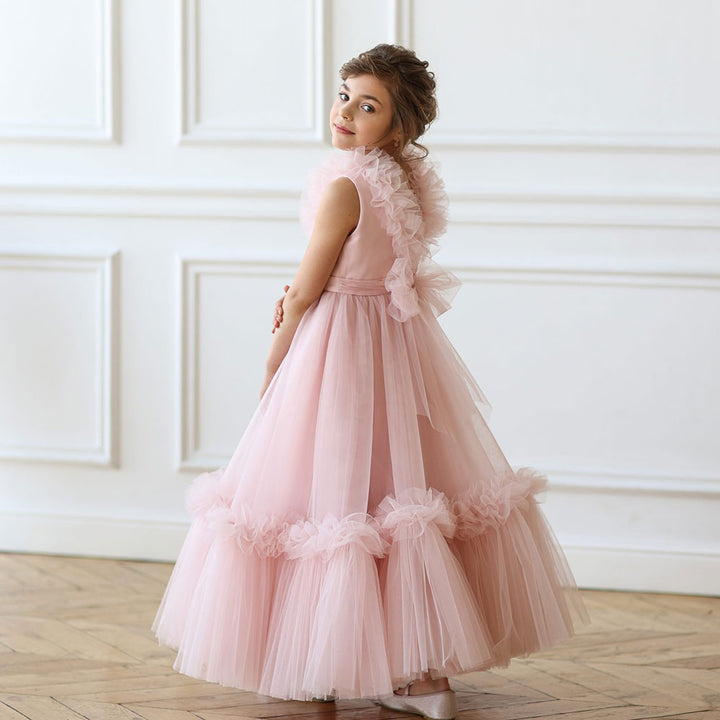 DreamyVow Pink Flower Girl Dress V-Neck Tiered Tulle for Birthday Party J116