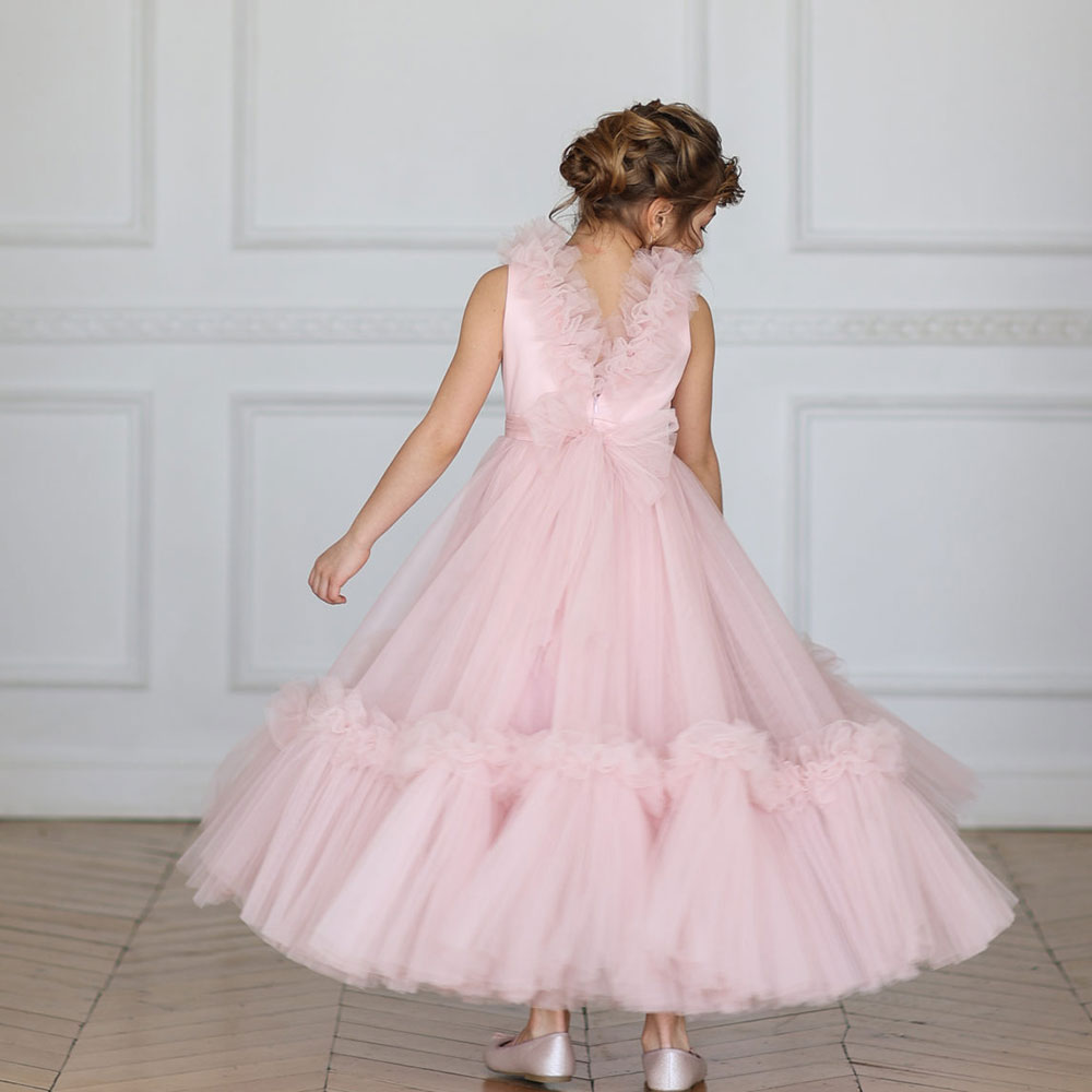 DreamyVow Pink Flower Girl Dress V-Neck Tiered Tulle for Birthday Party J116