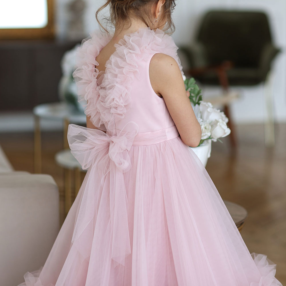 DreamyVow Pink Flower Girl Dress V-Neck Tiered Tulle for Birthday Party J116