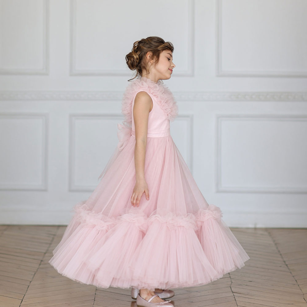 DreamyVow Pink Flower Girl Dress V-Neck Tiered Tulle for Birthday Party J116