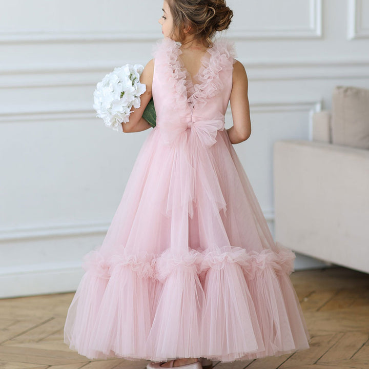 DreamyVow Pink Flower Girl Dress V-Neck Tiered Tulle for Birthday Party J116