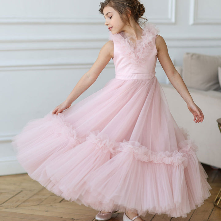 DreamyVow Pink Flower Girl Dress V-Neck Tiered Tulle for Birthday Party J116