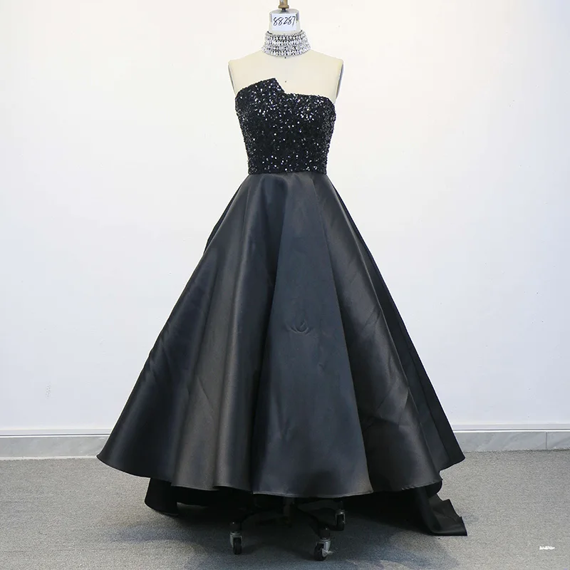 Elegant Black Strapless High-Low Evening Dress SF003