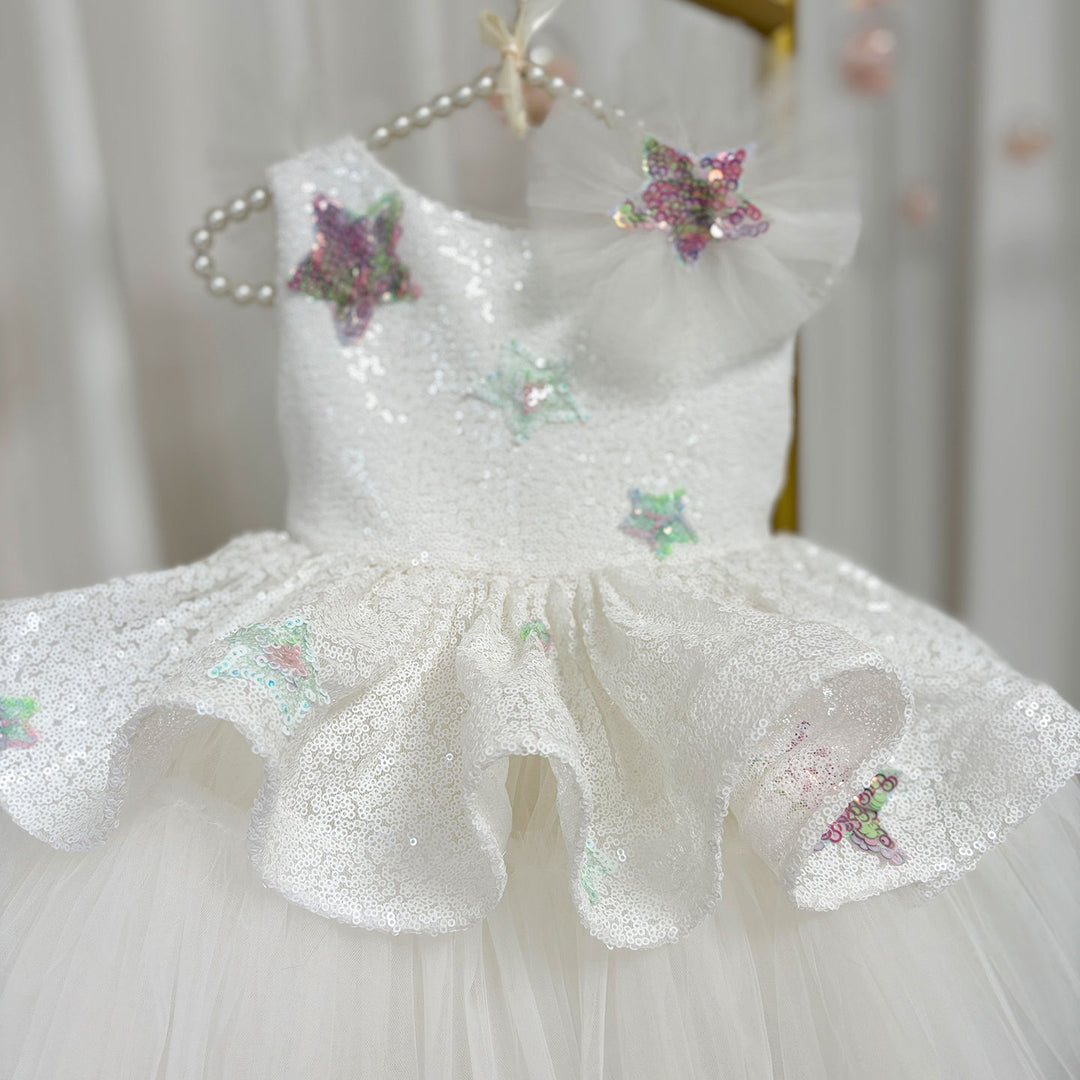 DreamyVow Sequins White Flower Girl Dress Knee Length Arabic Princess Gown J281