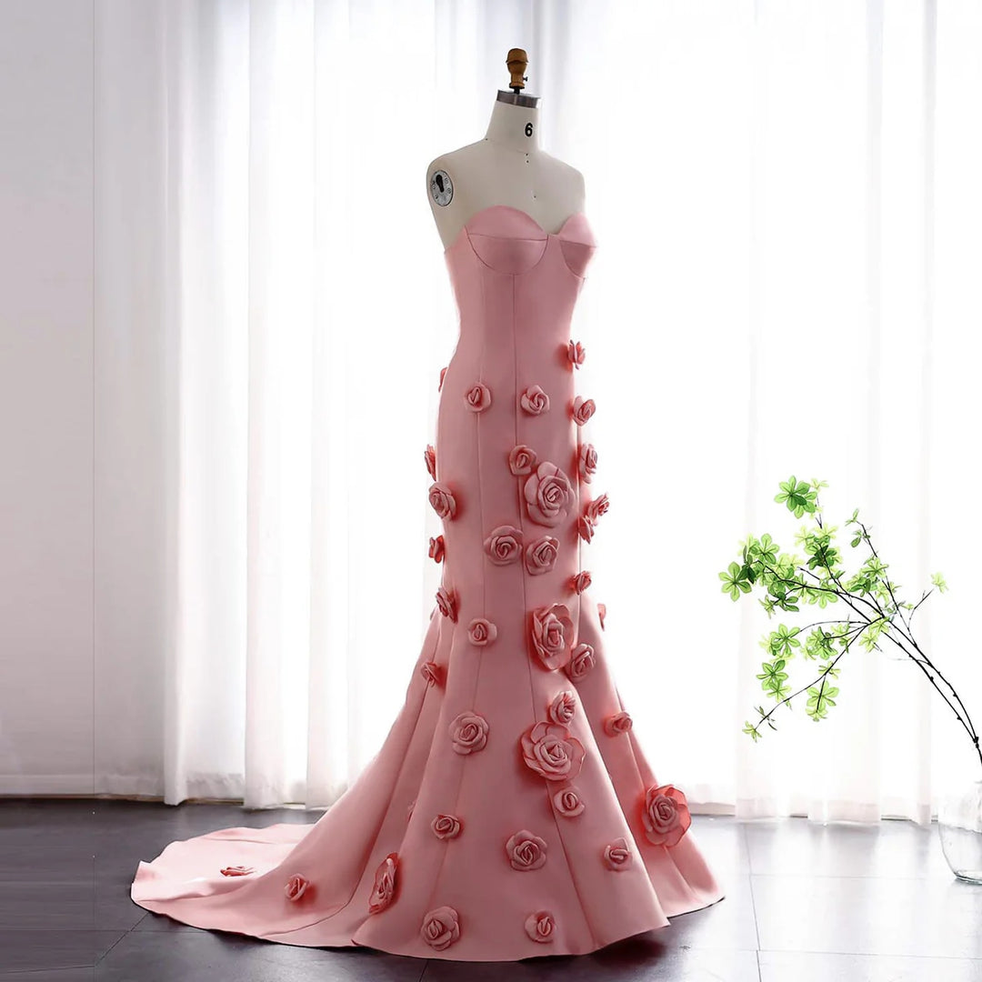 Dreamy Vow Elegant Pink 3D Flowers Strapless Evening Dress SF025