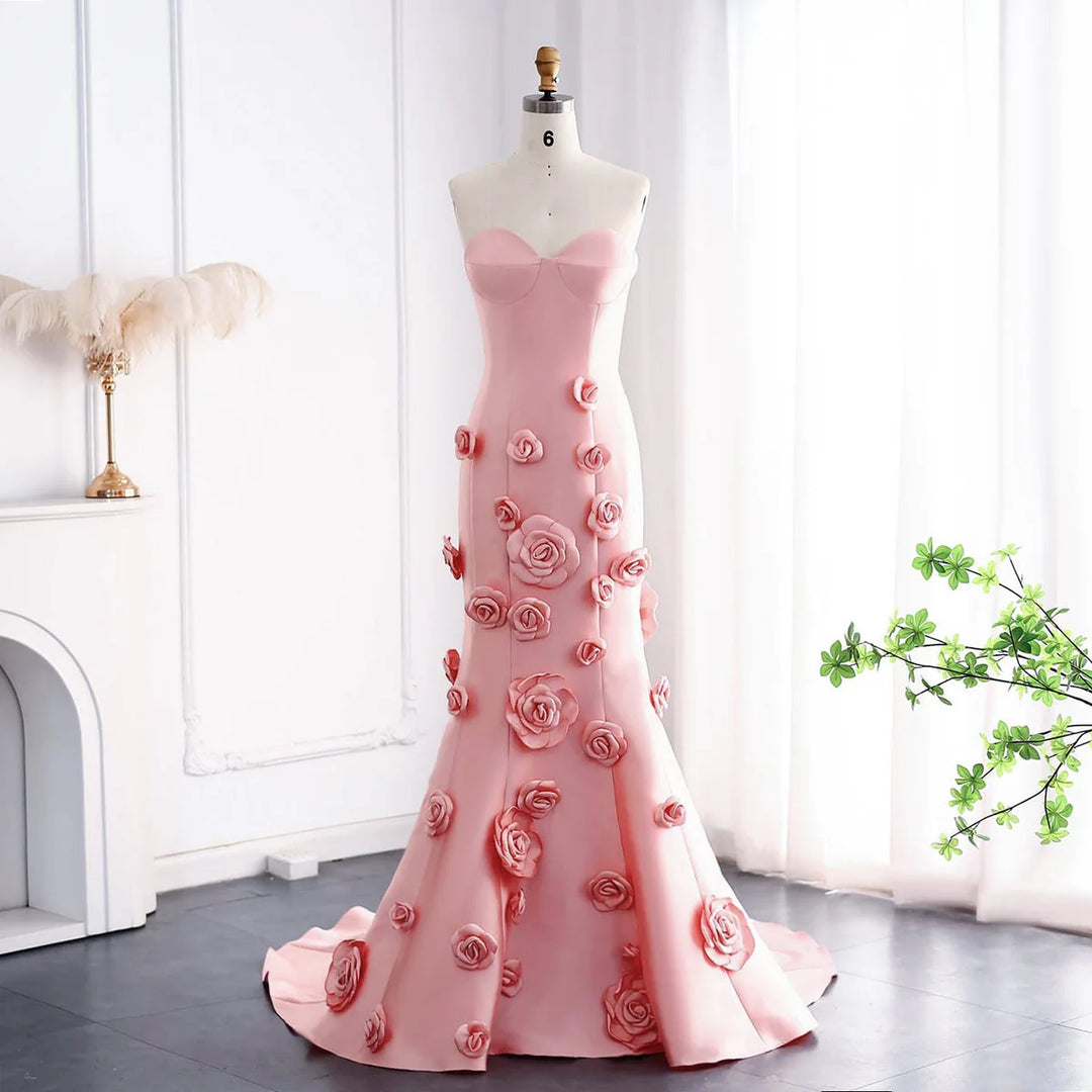 Dreamy Vow Elegant Pink 3D Flowers Strapless Evening Dress SF025