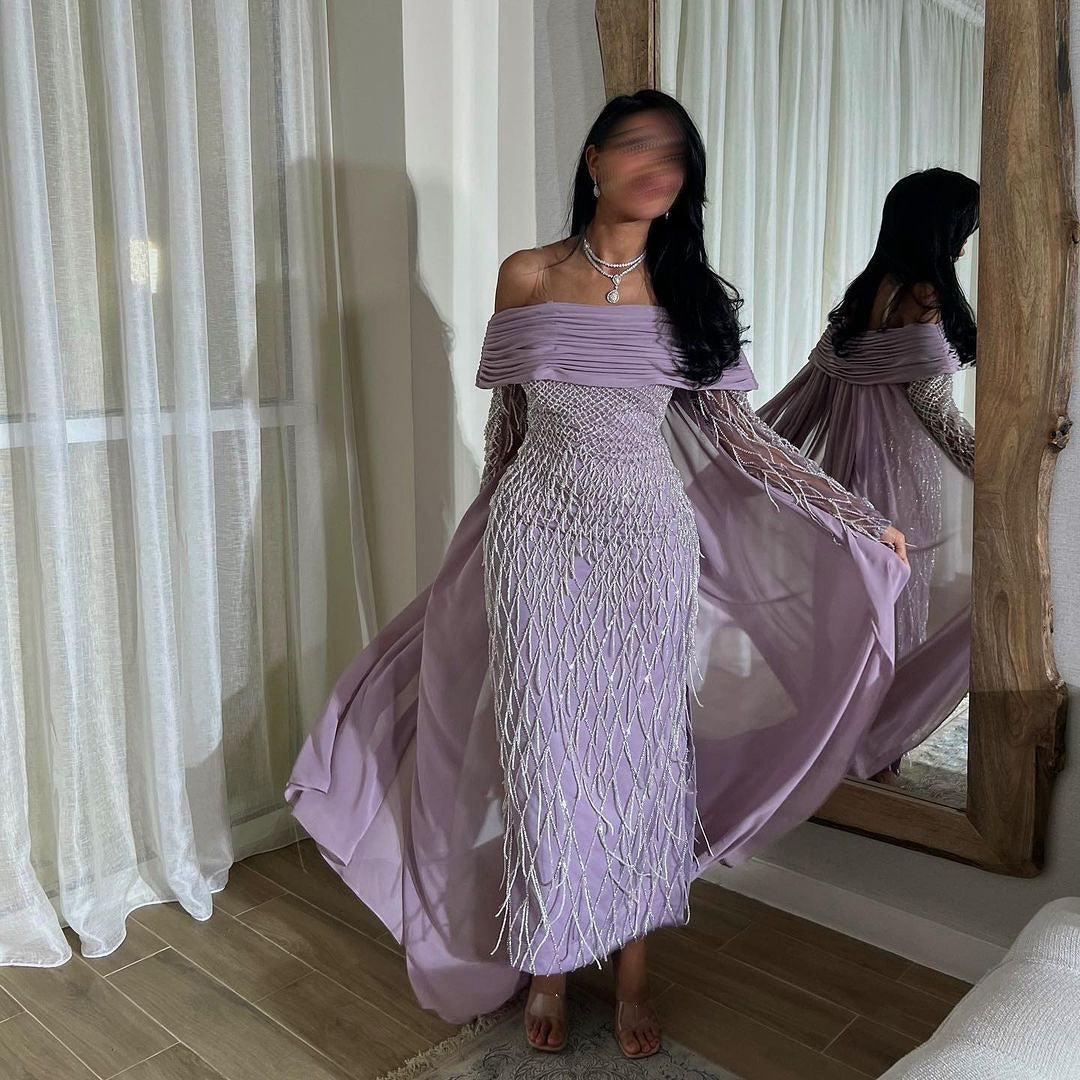 Dreamy Vow Luxury Tassel Lilac Off Shoulder Evening Dress with Cape SS138